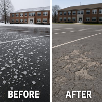 Beforeafter photo of clumpy salt being used on parking lot in winter vsdamaged concrete after ice melt with a school in the long background