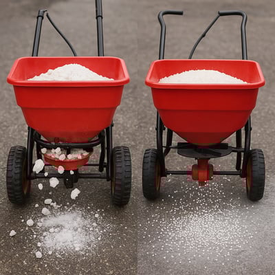 Image of red clogged ice melt spreader machine from clumpy salt chunks falling out vs smooth pellet flow spreading even-1