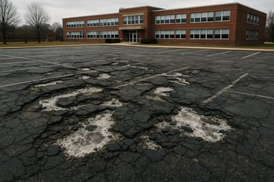 destroyed parking lot from ice melt salt with school in background-1